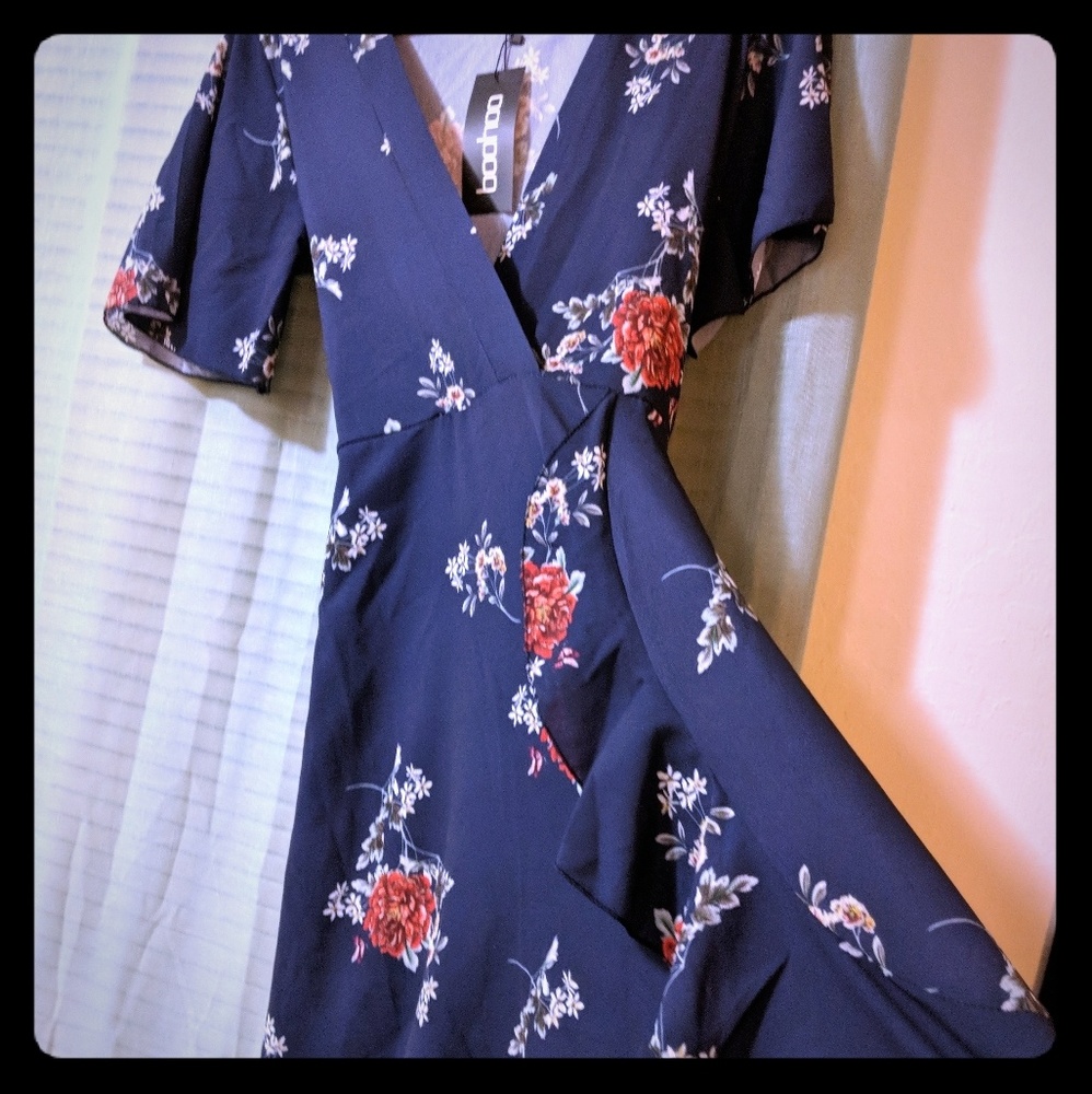 Blue midi wrap dress with floral print